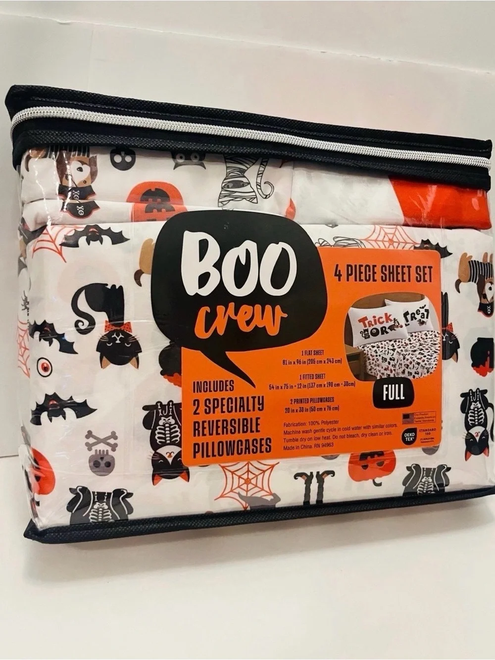 Boo Crew Halloween Full Size Sheet Set Cats Skulls Cobwebs Spiders Owls Dog Cat